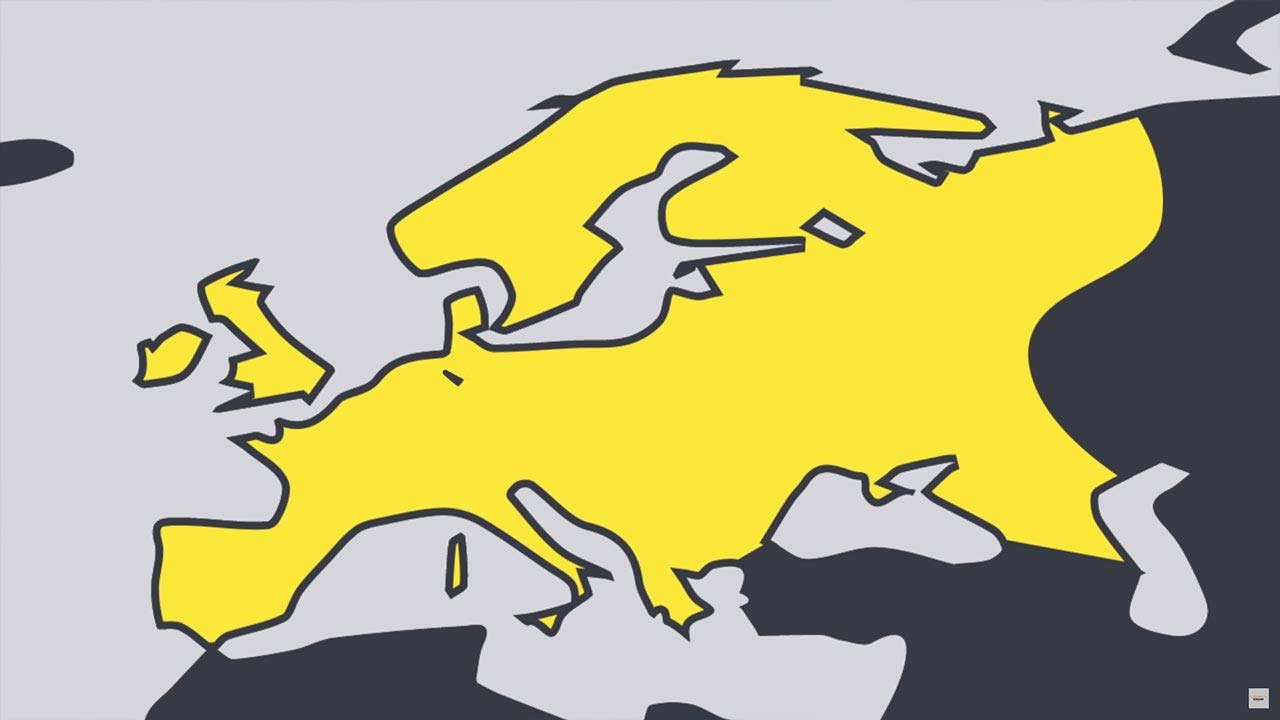 miniatura de video con dibujo lineal del mapa de Europa, de color amarillo