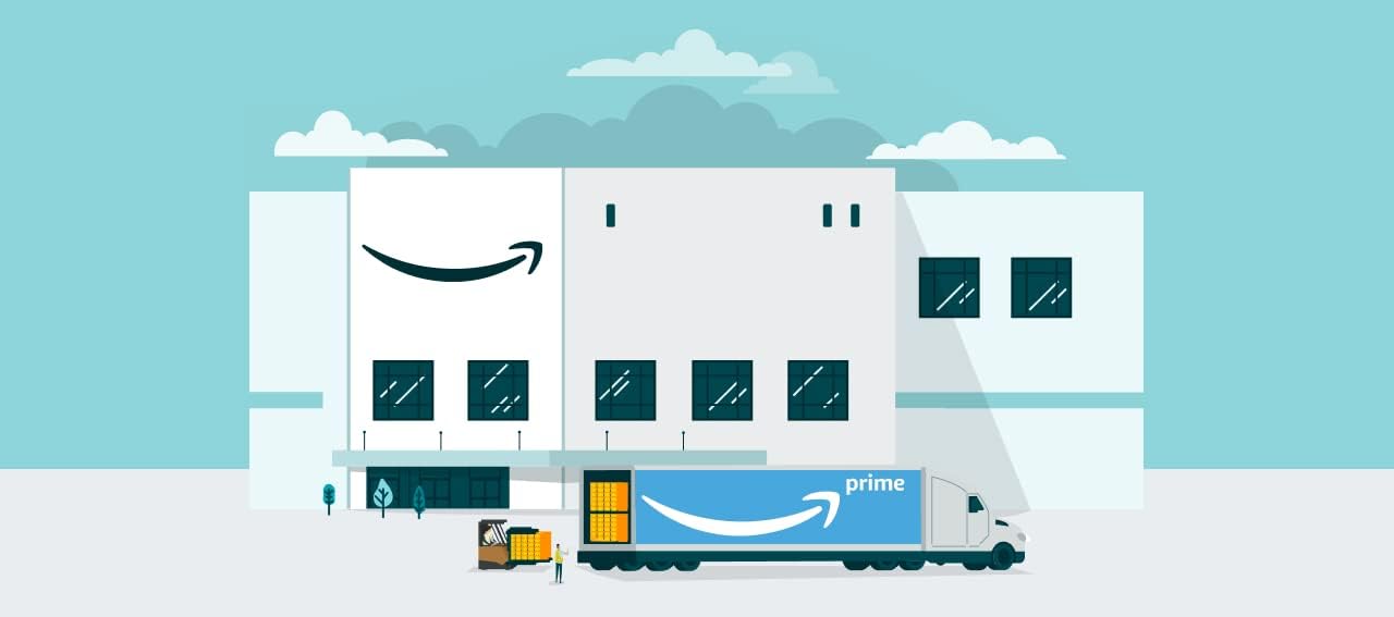 Ilustración de un camión de Amazon Prime que se va a cargar en un centro logístico de Amazon