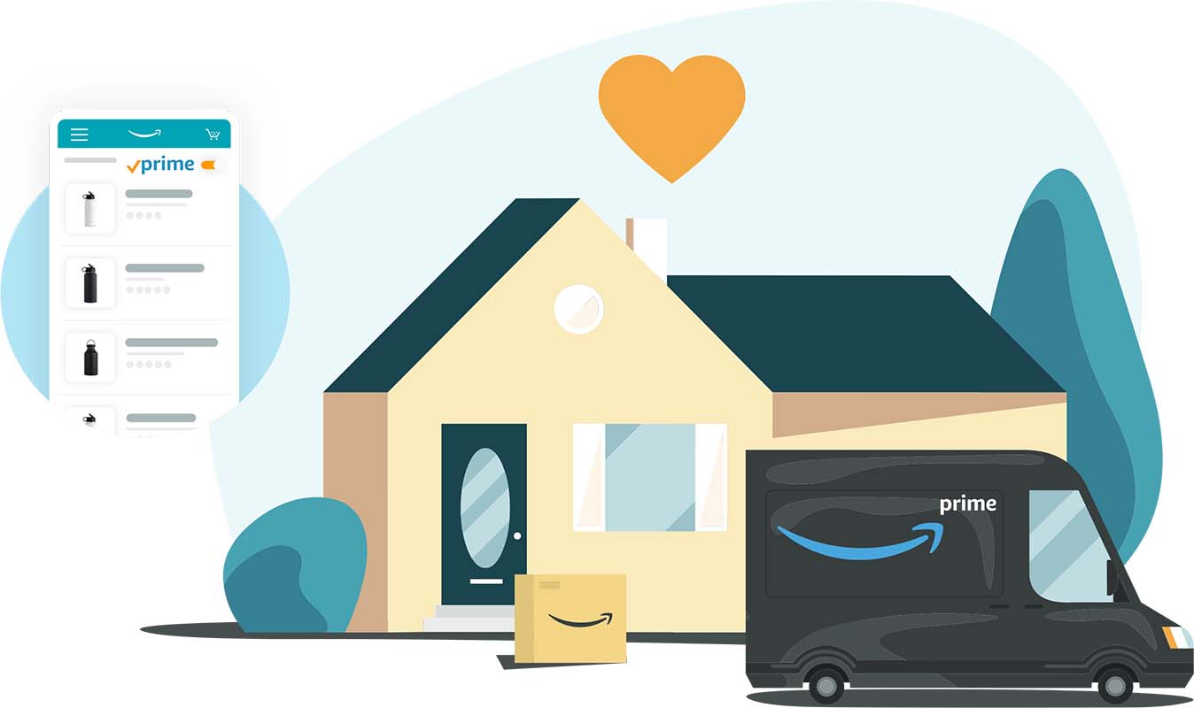 ilustración de una casa con un camión de Amazon Prime y un paquete entregado