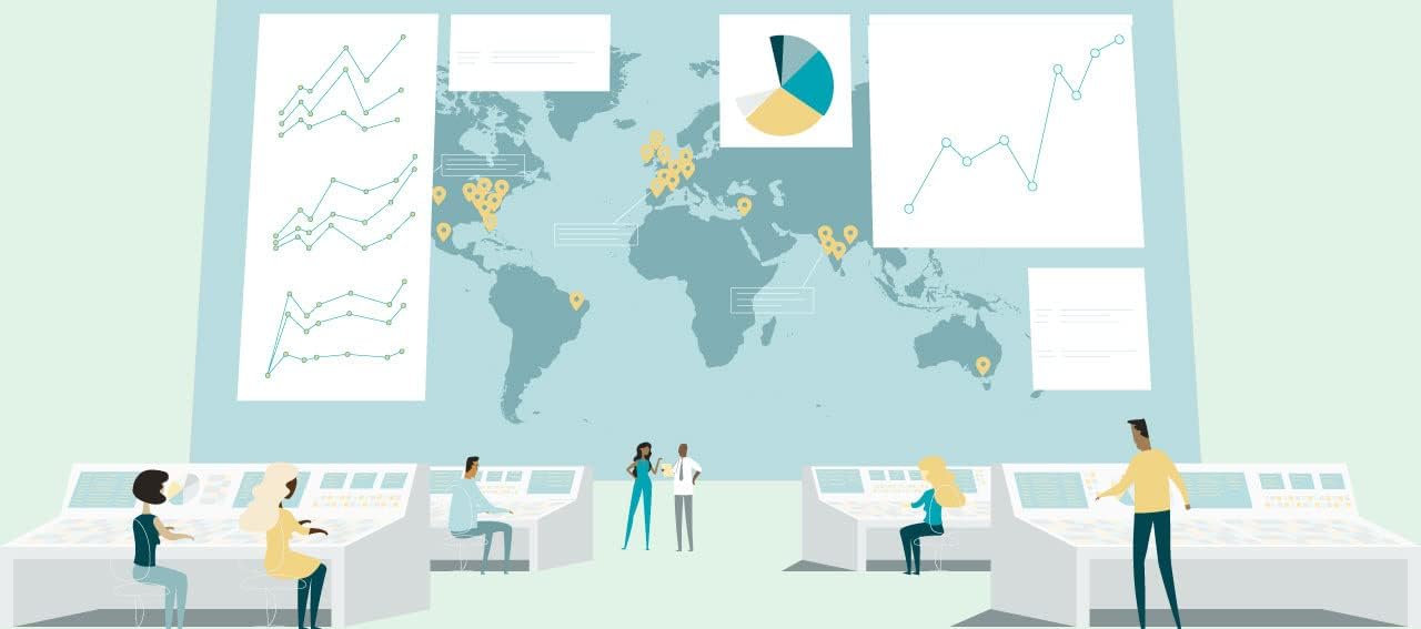 illustration of people at a control center looking at a large map