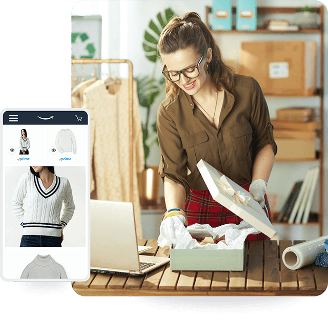 Amazon mobile app screen with womens clothing and an image of a woman putting products in a box