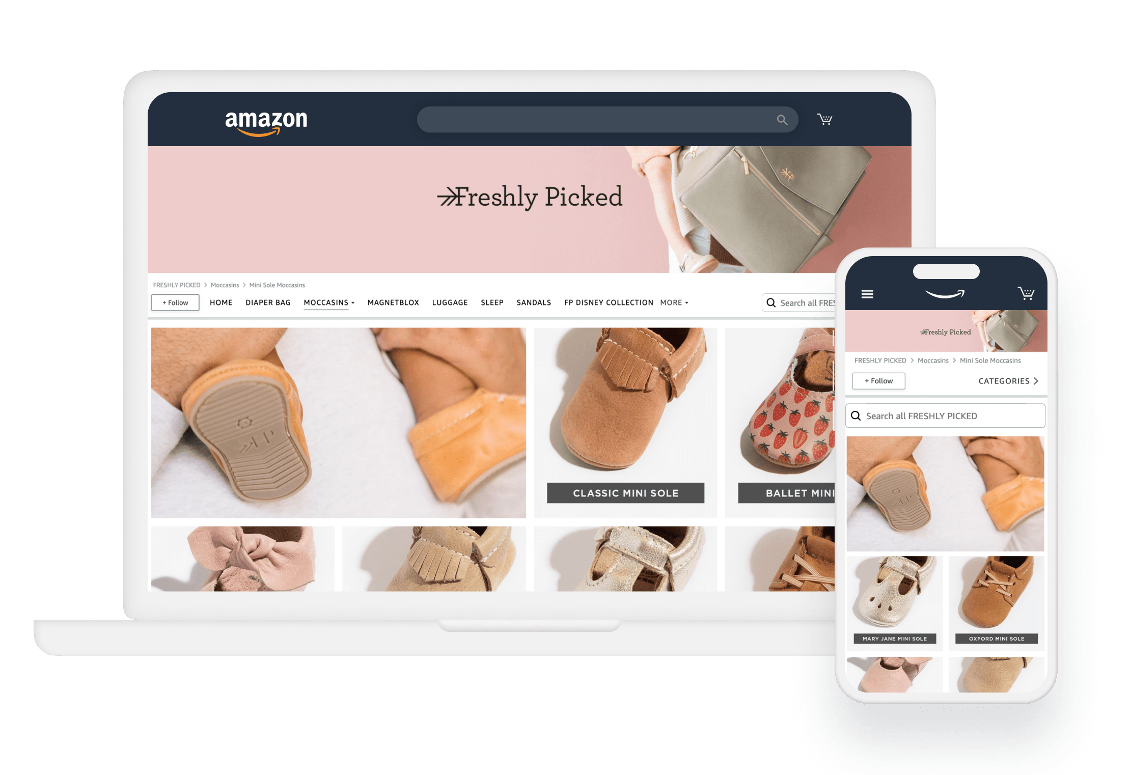 escaparate de tienda de zapatos de Freshly Picked en Amazon