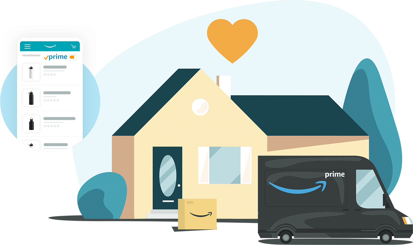 Ilustración de una casa con un camión de entrega de Amazon y un paquete en la puerta