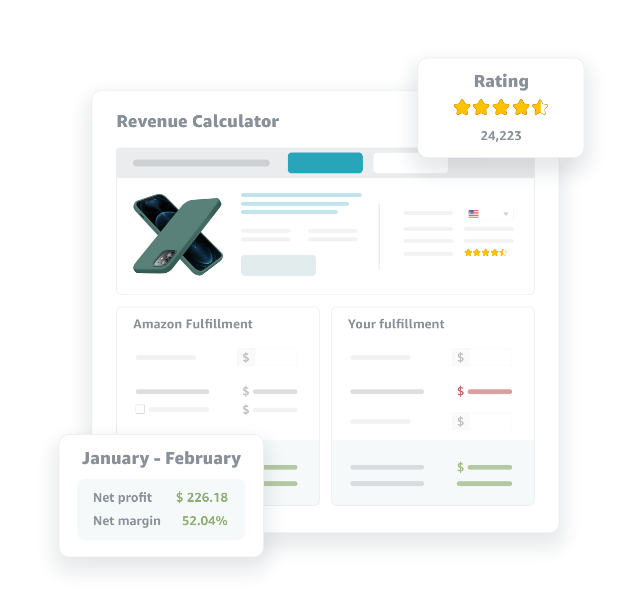 revenue calculator lofi ui illustration with feature callouts